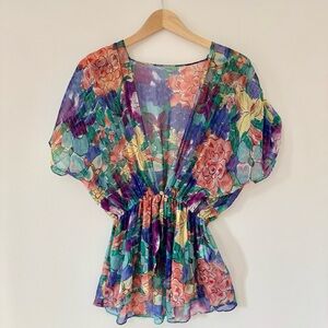 Anthropologie What Goes Around Comes Around 100% Silk Sheer Floral Blouse Size S